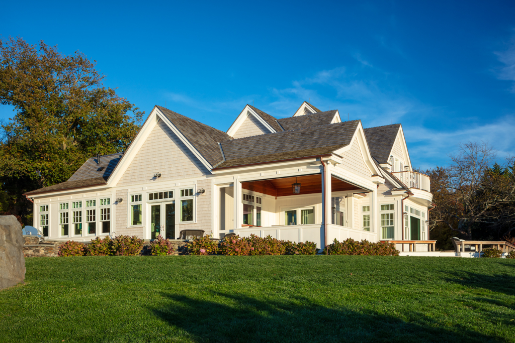 exterior of modern beach house in Jamestown, RI.