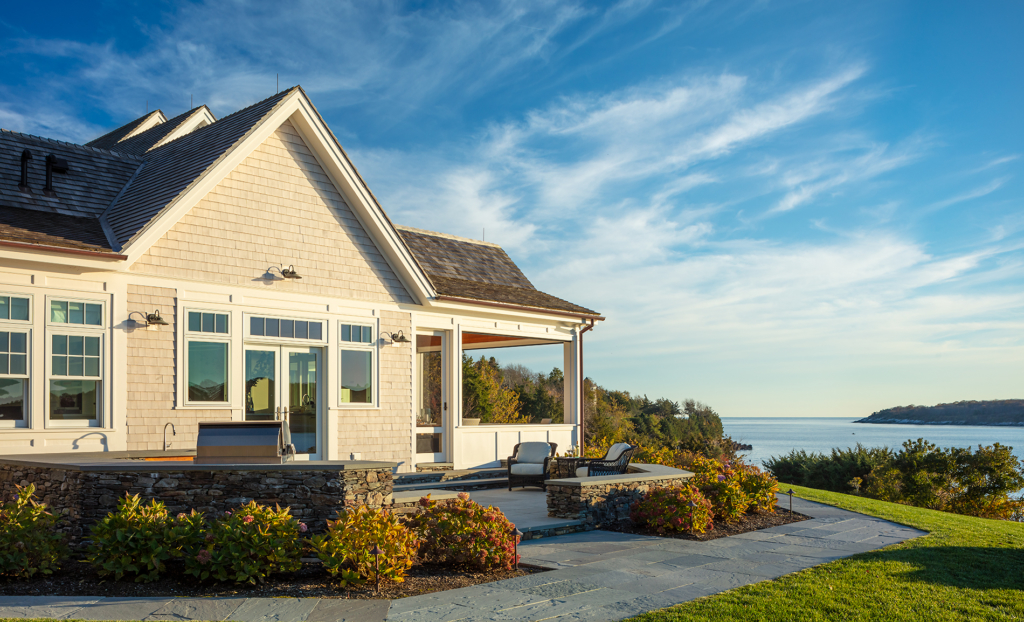 exterior of modern beach house in Jamestown, RI.
