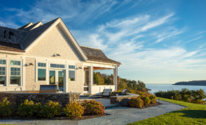 exterior of modern beach house in Jamestown, RI.
