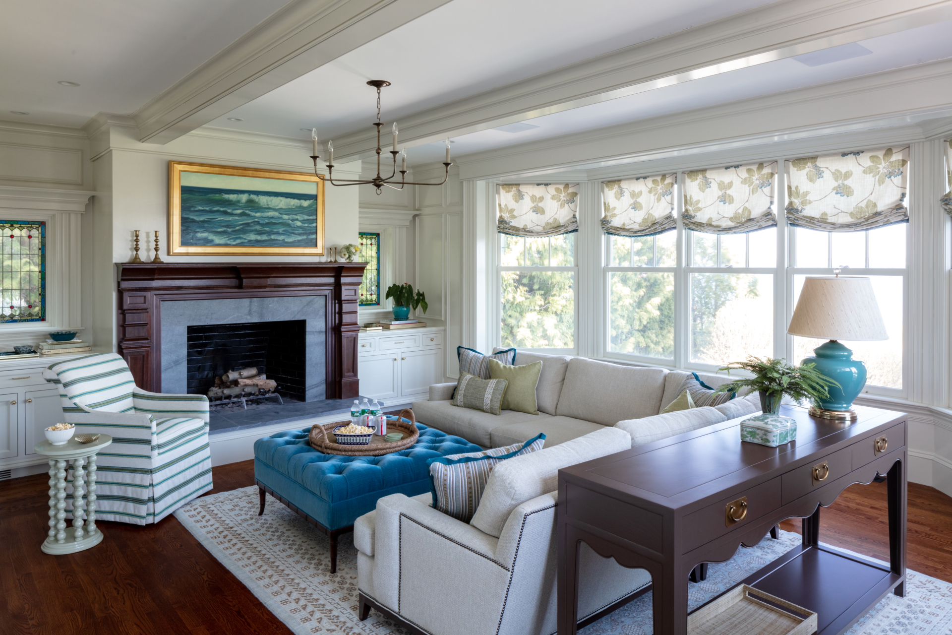 living room with large seating area and fireplace