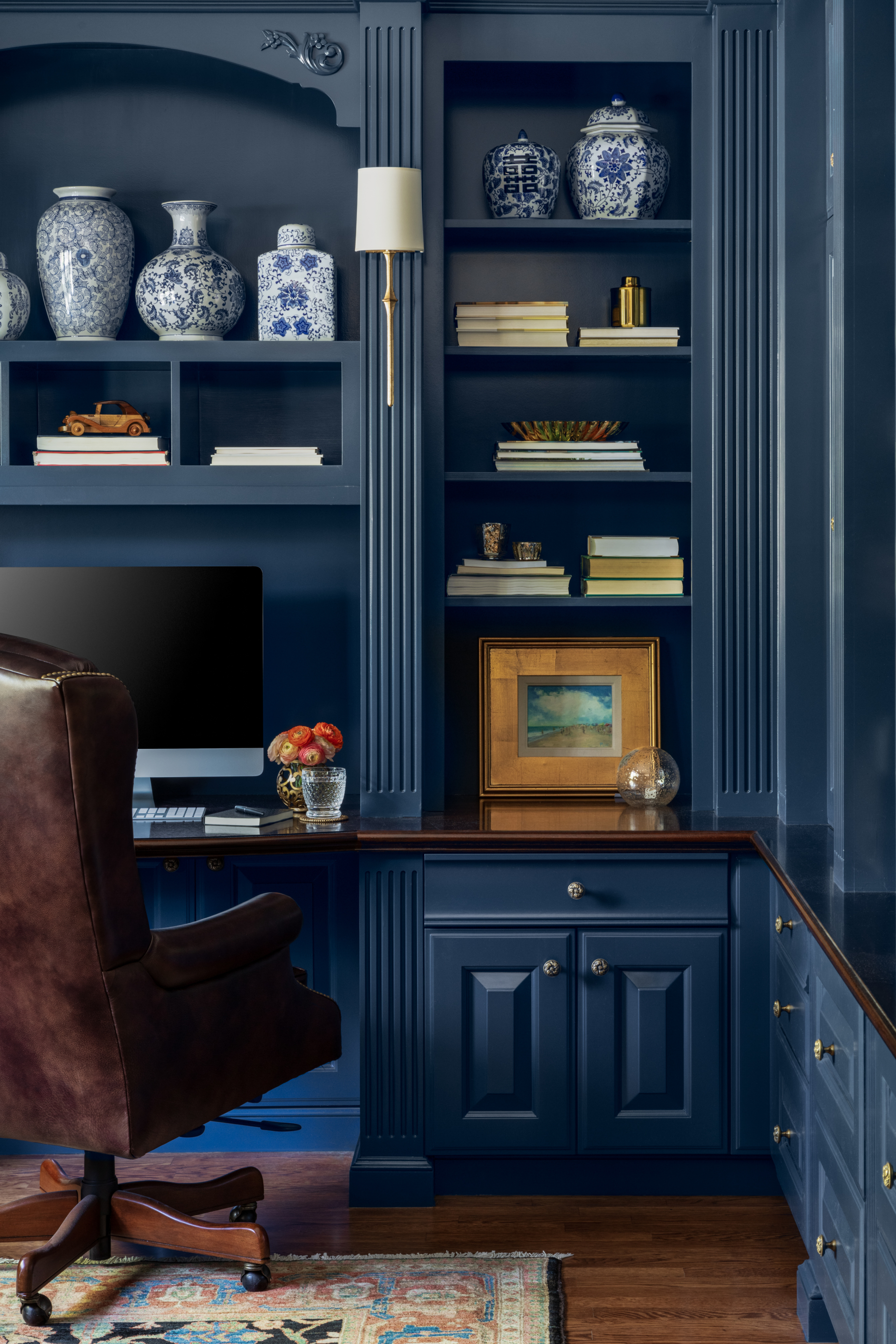 at-home office with painted built-in shelves