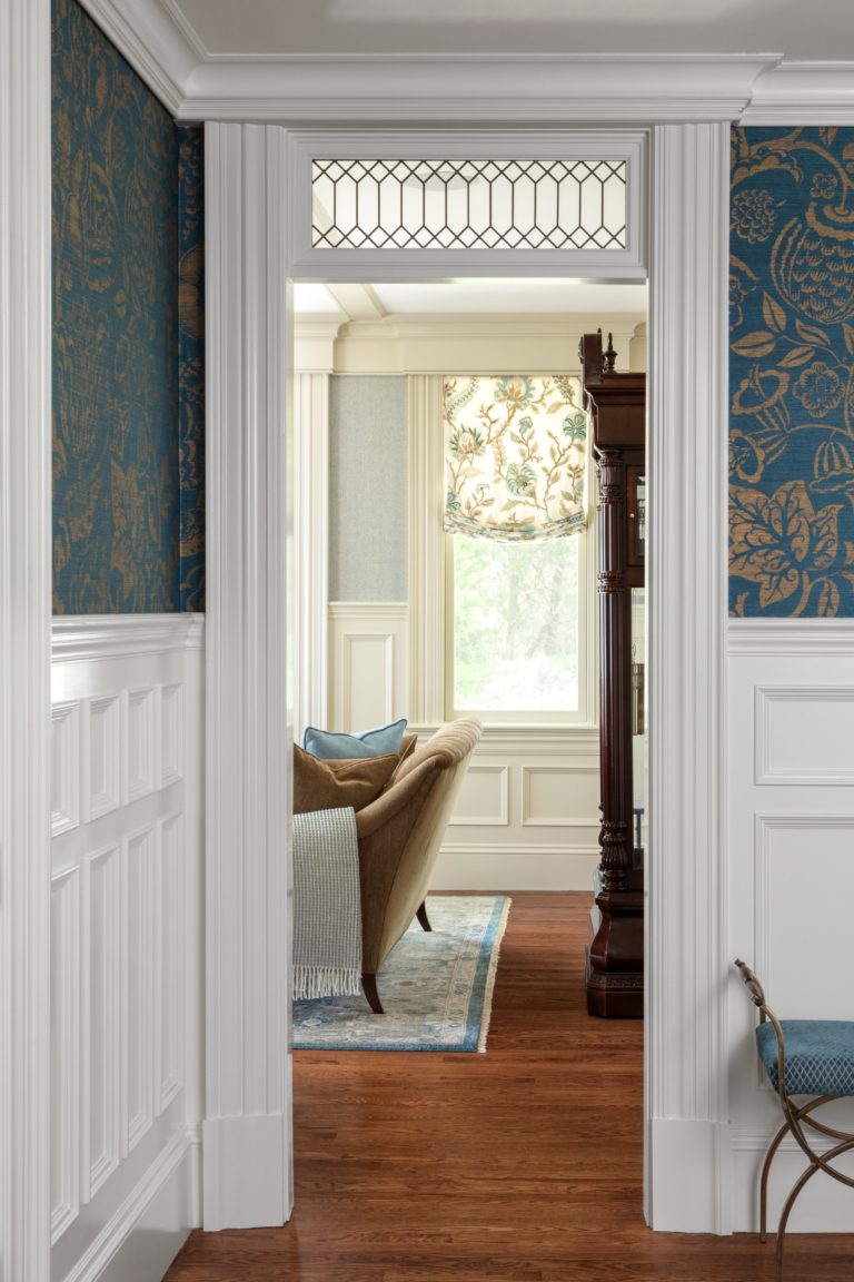 hallway design with wallpaper and molding