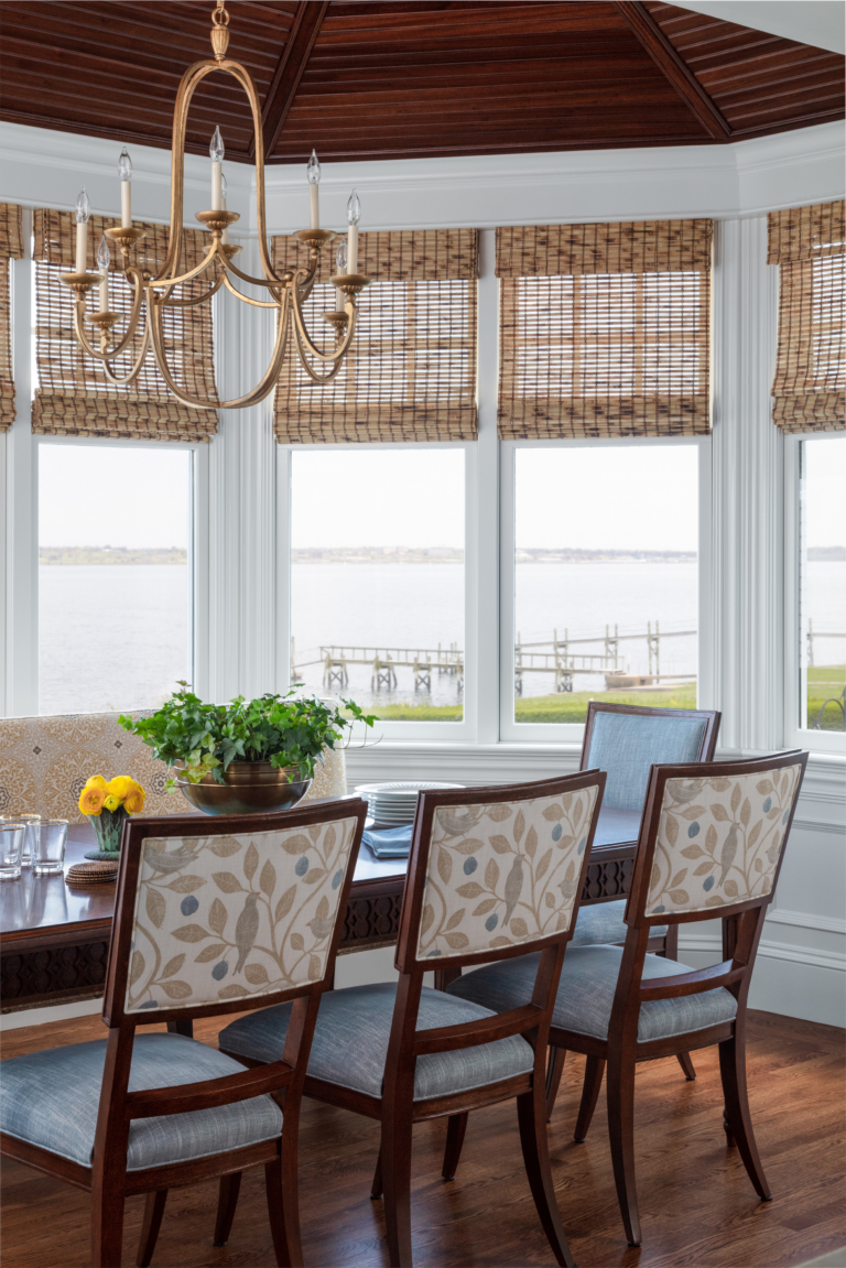dining area with ocean view and custom chairs