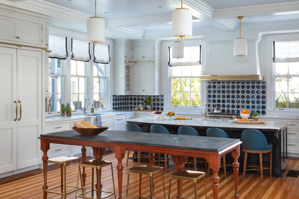 large, open-concept kitchen with two islands