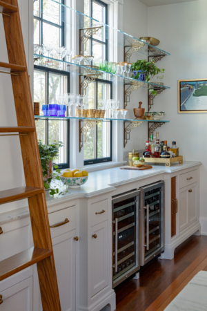 bar area in kitchen with wine fridge