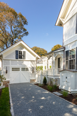 exterior of garage of a historic Newport home