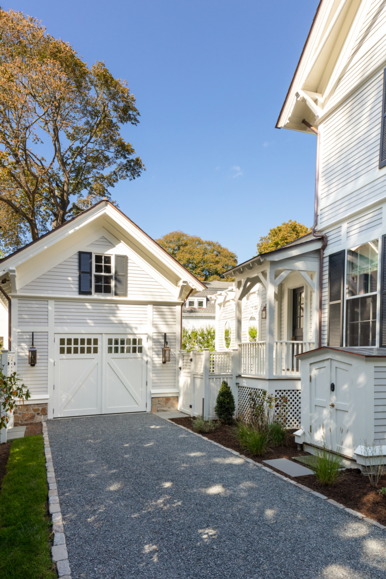 exterior of garage of a historic Newport home