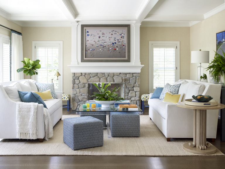 coastal inspired living room with fireplace