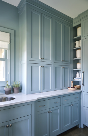 butlers pantry with blue cabinetry and built-in shelving