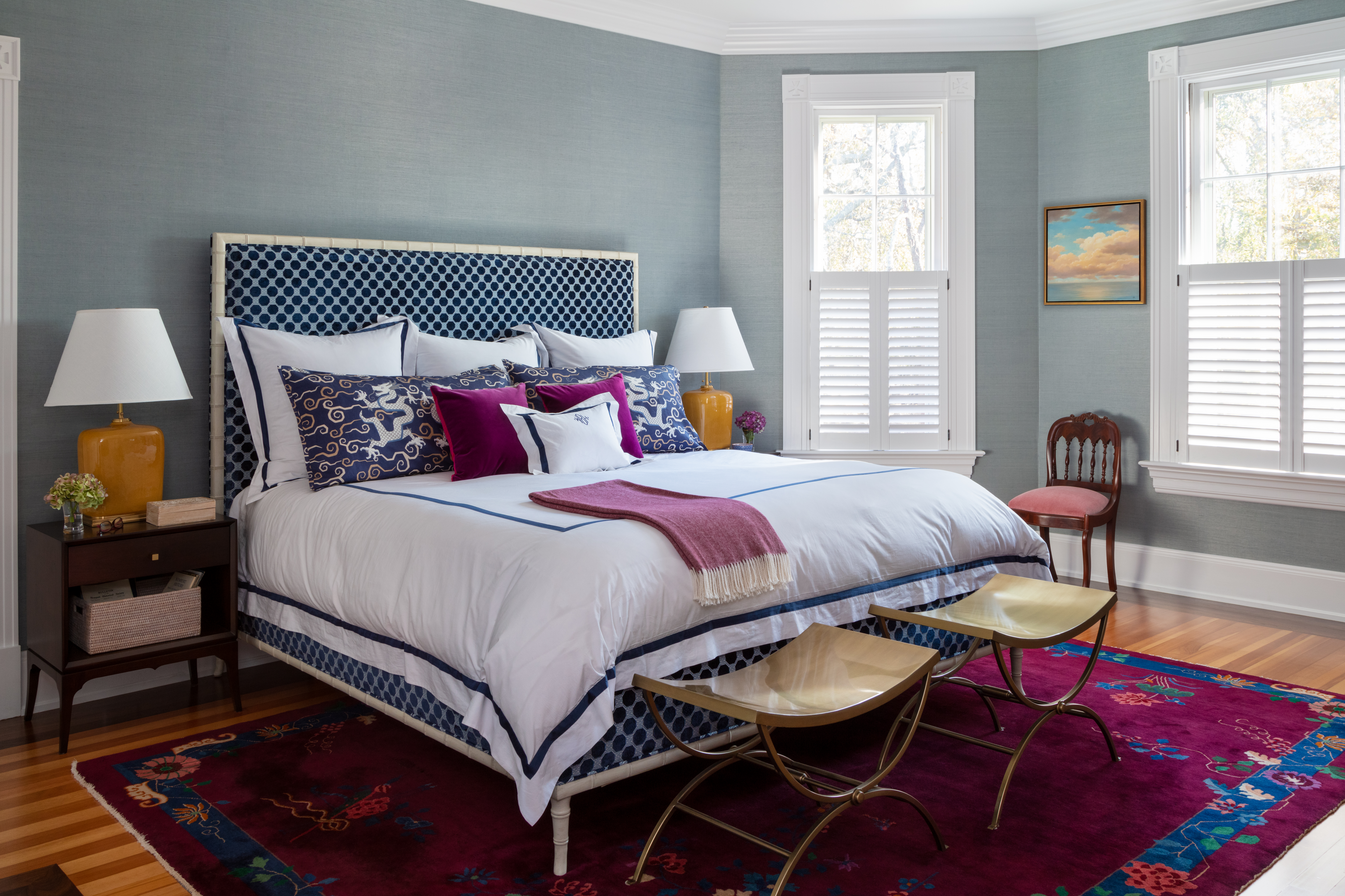 custom upholstered bed in primary bedroom