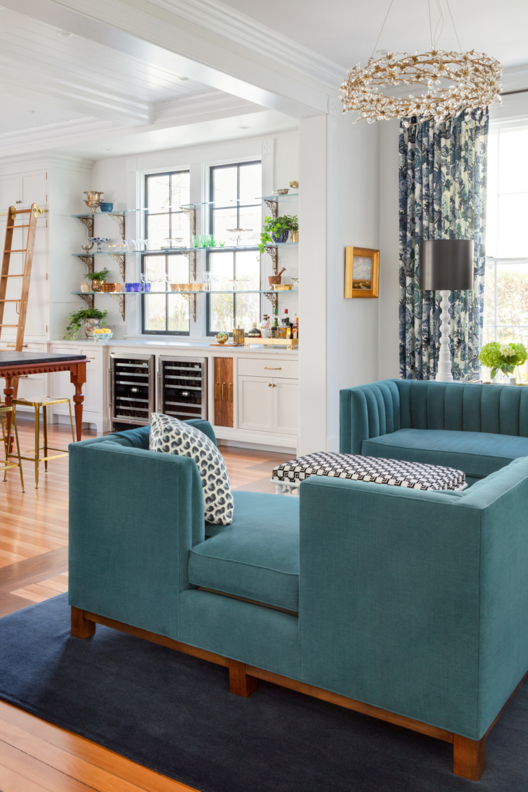 schumacher drape & bench with view to kitchen