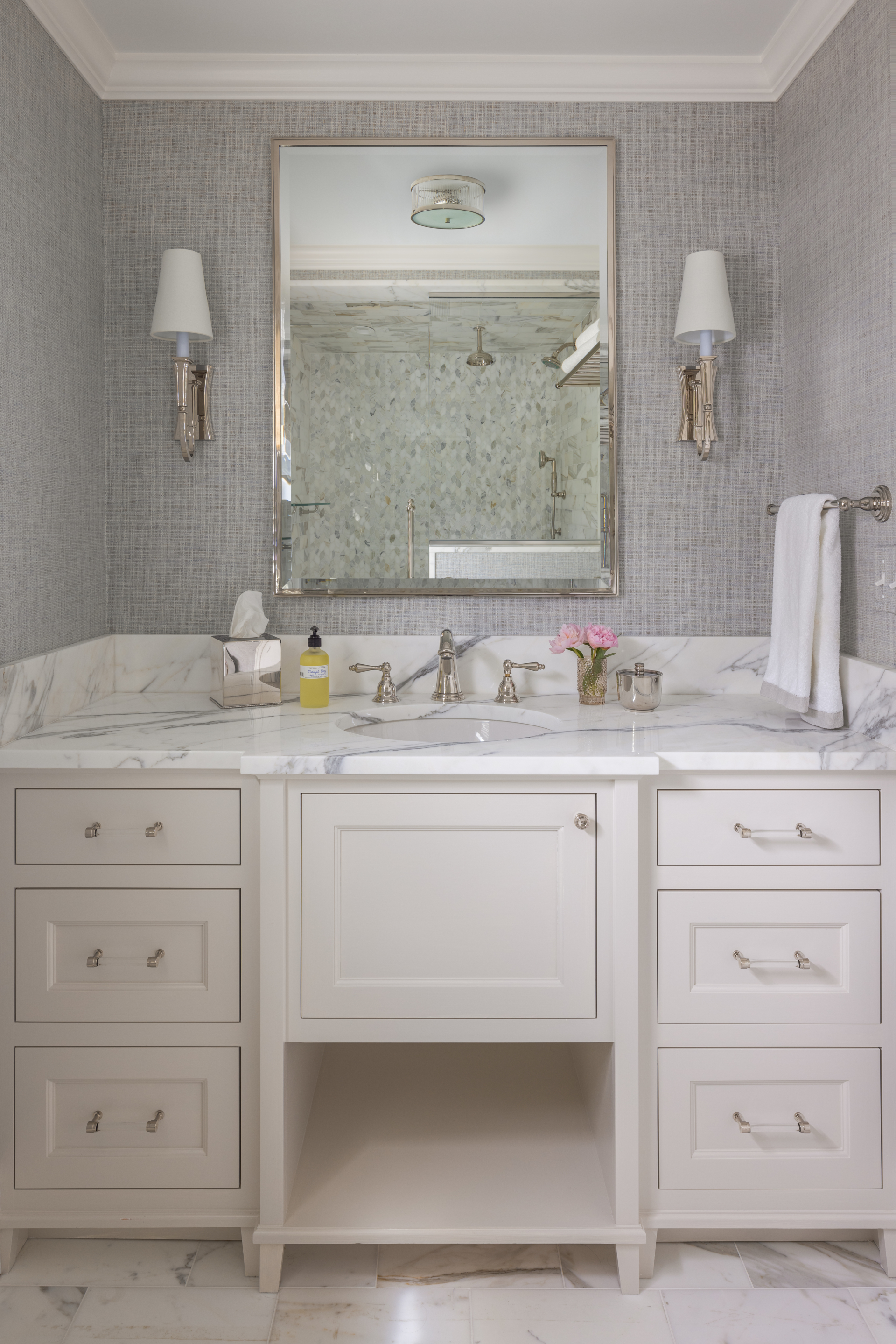 interior design project in Ridgefield CT, guest bathroom vanity, sink and lighting