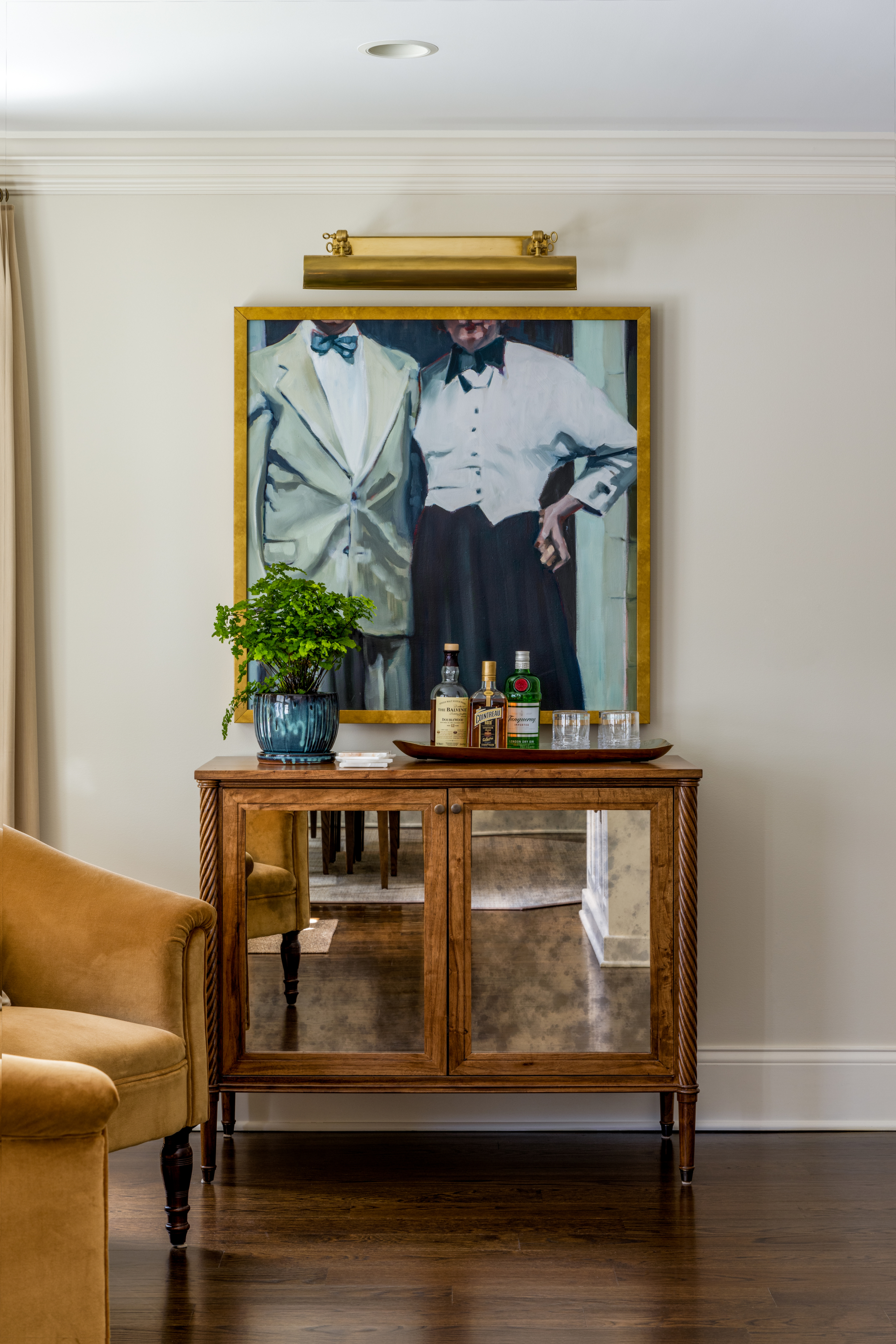 interior design project in Ridgefield CT, living room bar cabinet with original art