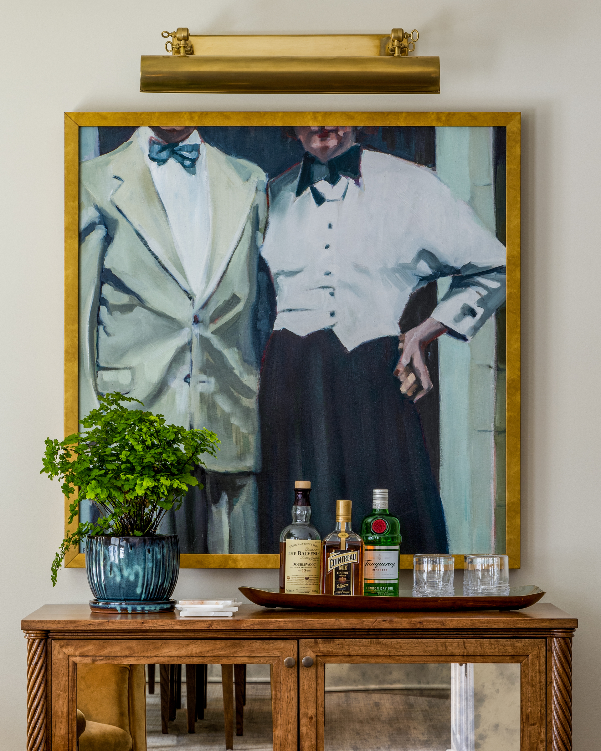 interior design project in Ridgefield CT, original painting above bar cabinet
