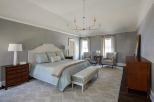 interior design project in Ridgefield CT, Owner's Bedroom with custom bed and seating