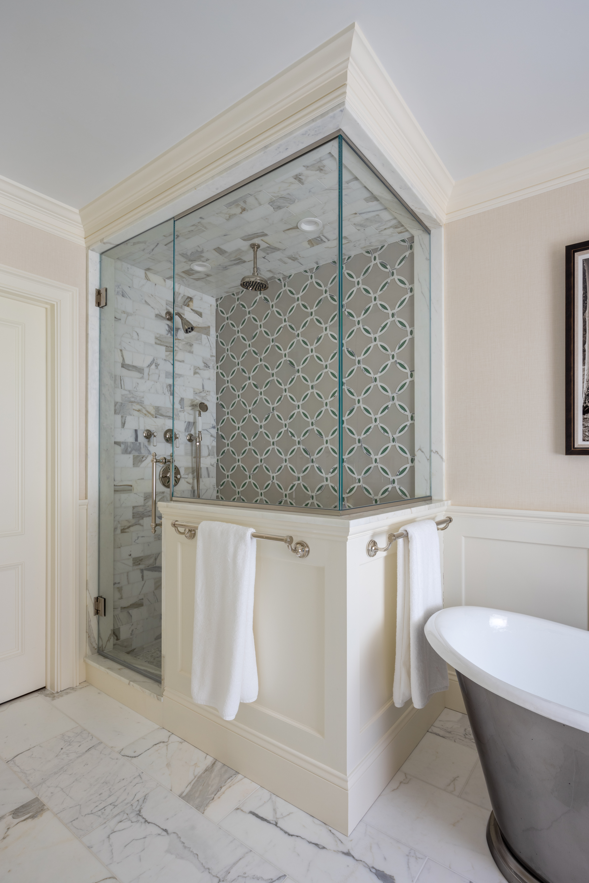 interior design project in Ridgefield CT, shower with green tiling
