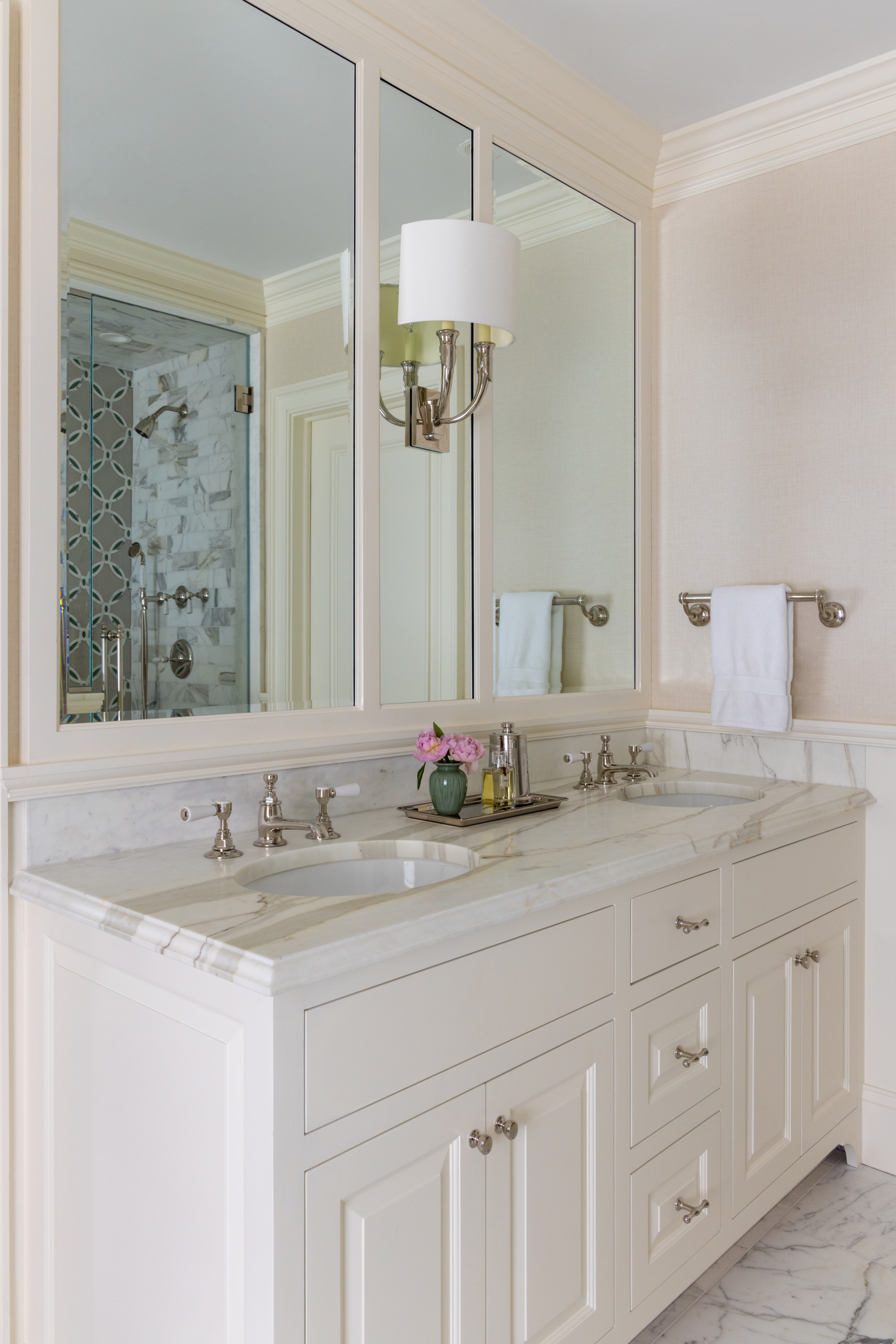 interior design project in Ridgefield CT, double sink bathroom vanity in primary bathroom
