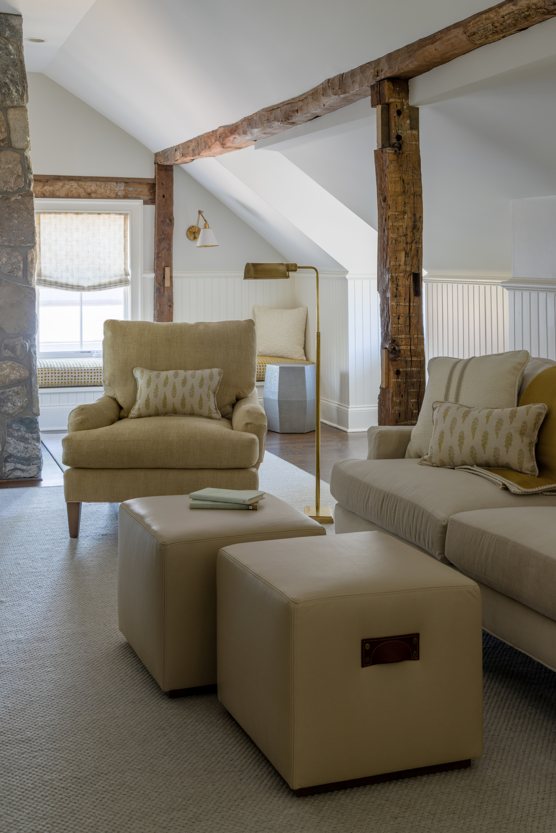 interior design project in Ridgefield CT, seating area in living room with exposed beams