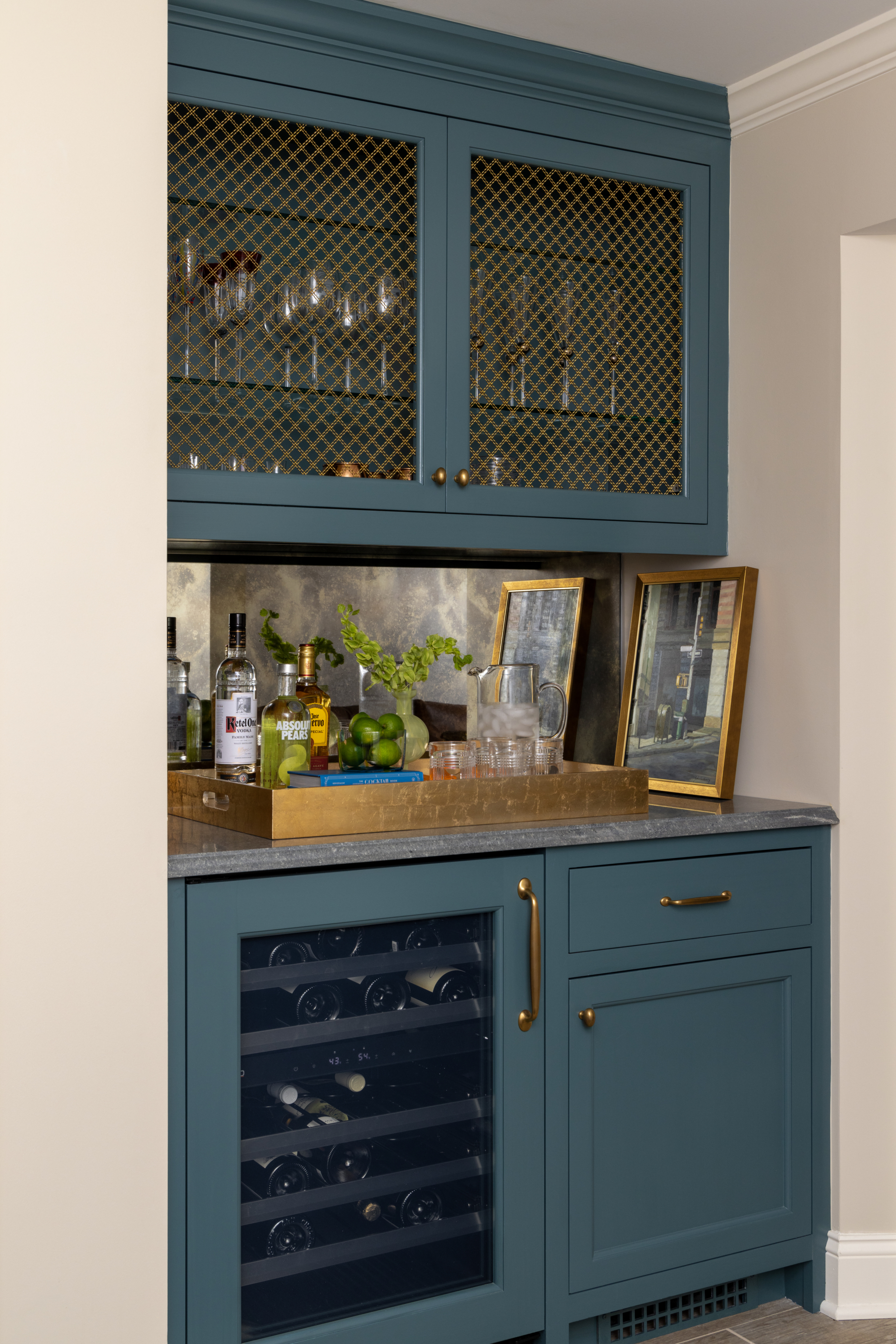 interior design project in Ridgefield CT, built-in bar shelving and wine fridge