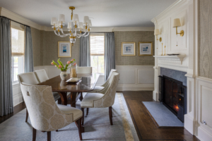 interior design project in Ridgefield CT, dining room with fireplace and chandelier