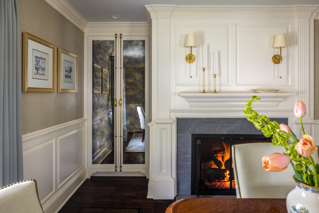 interior design project in Ridgefield CT, Dining room cabinetry and fireplace