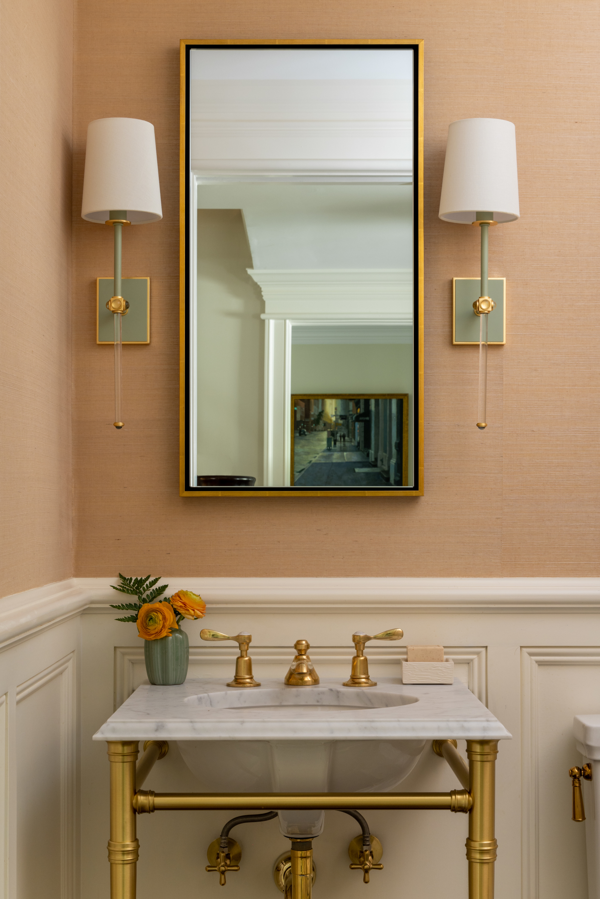 interior design project in Ridgefield CT, powder room with grasscloth and sconce lighting