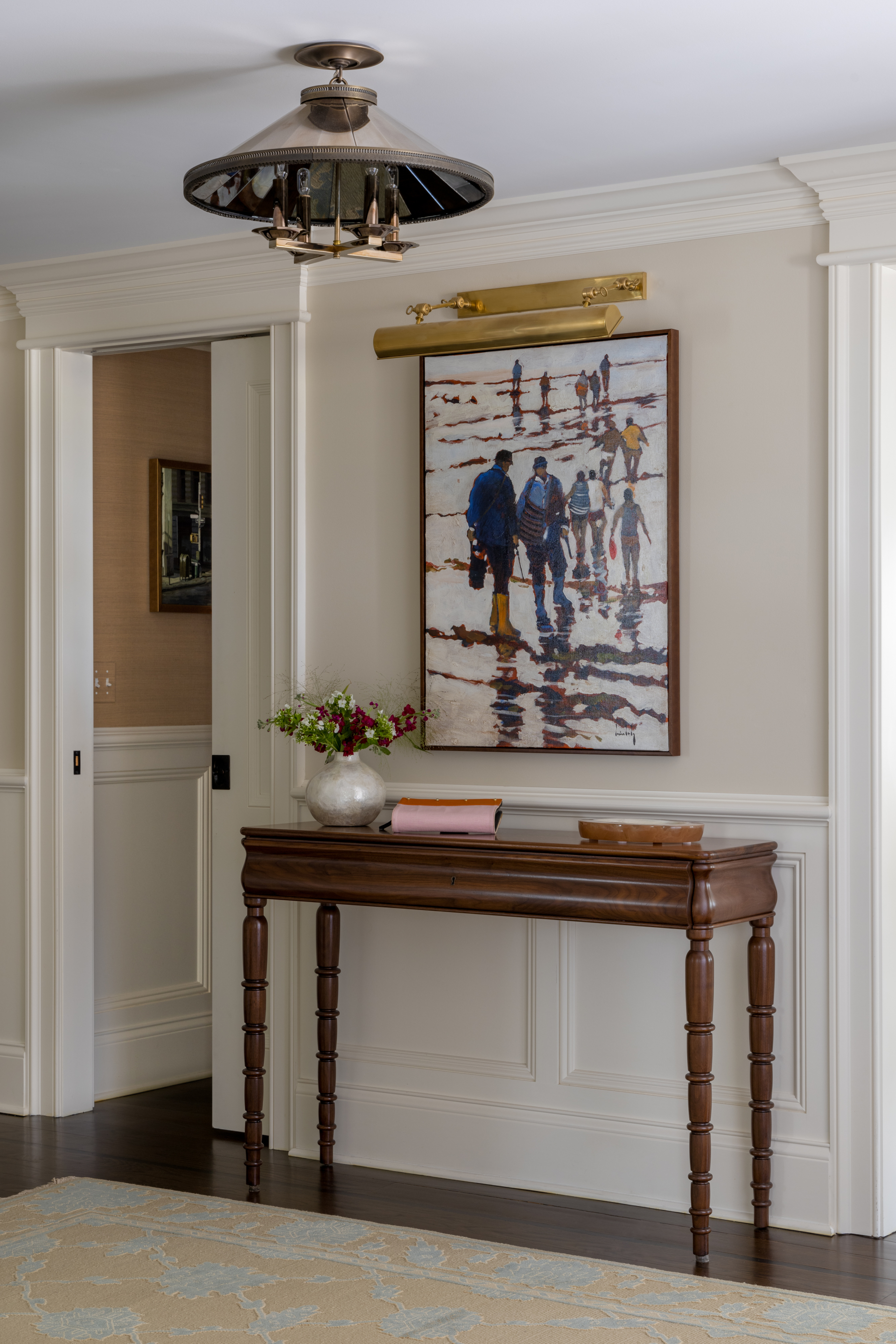 Entryway table with original art, interior design project in Ridgefield CT
