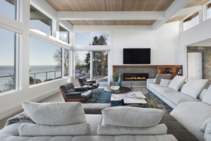 open-concept living room with modern furnishings and fireplace