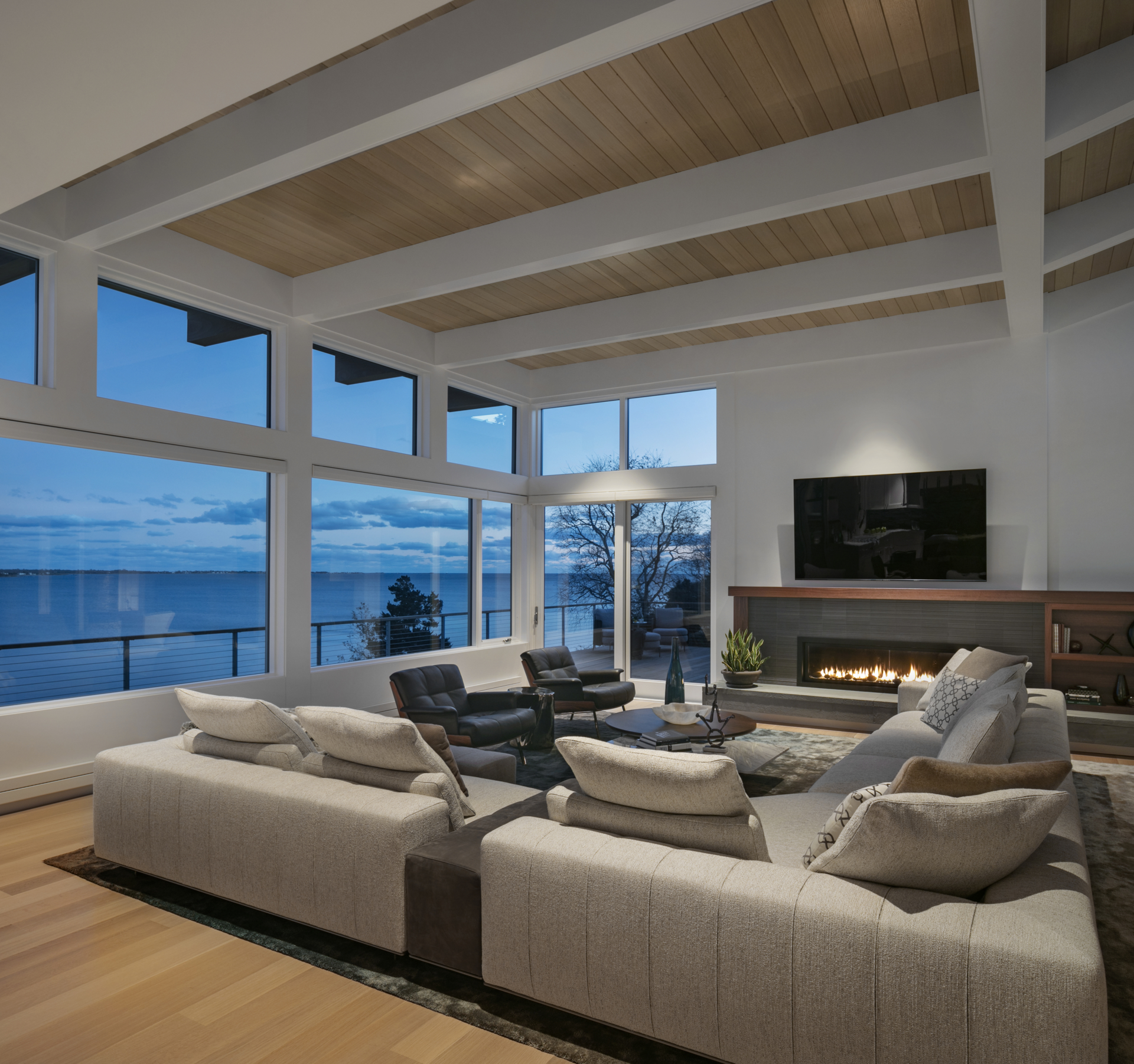Modern living room interior design with ocean view