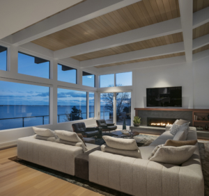Modern living room interior design with ocean view