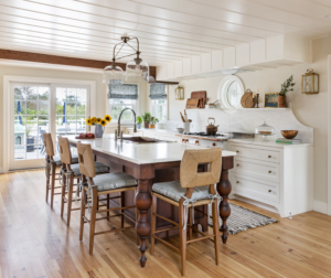 Interior design of a modern cottage with marble counters and copper accents. Little Compton, RI.