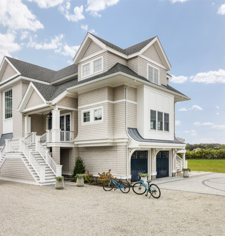 Beach house exterior, new construction, shingle-style home. Jamestown, RI.