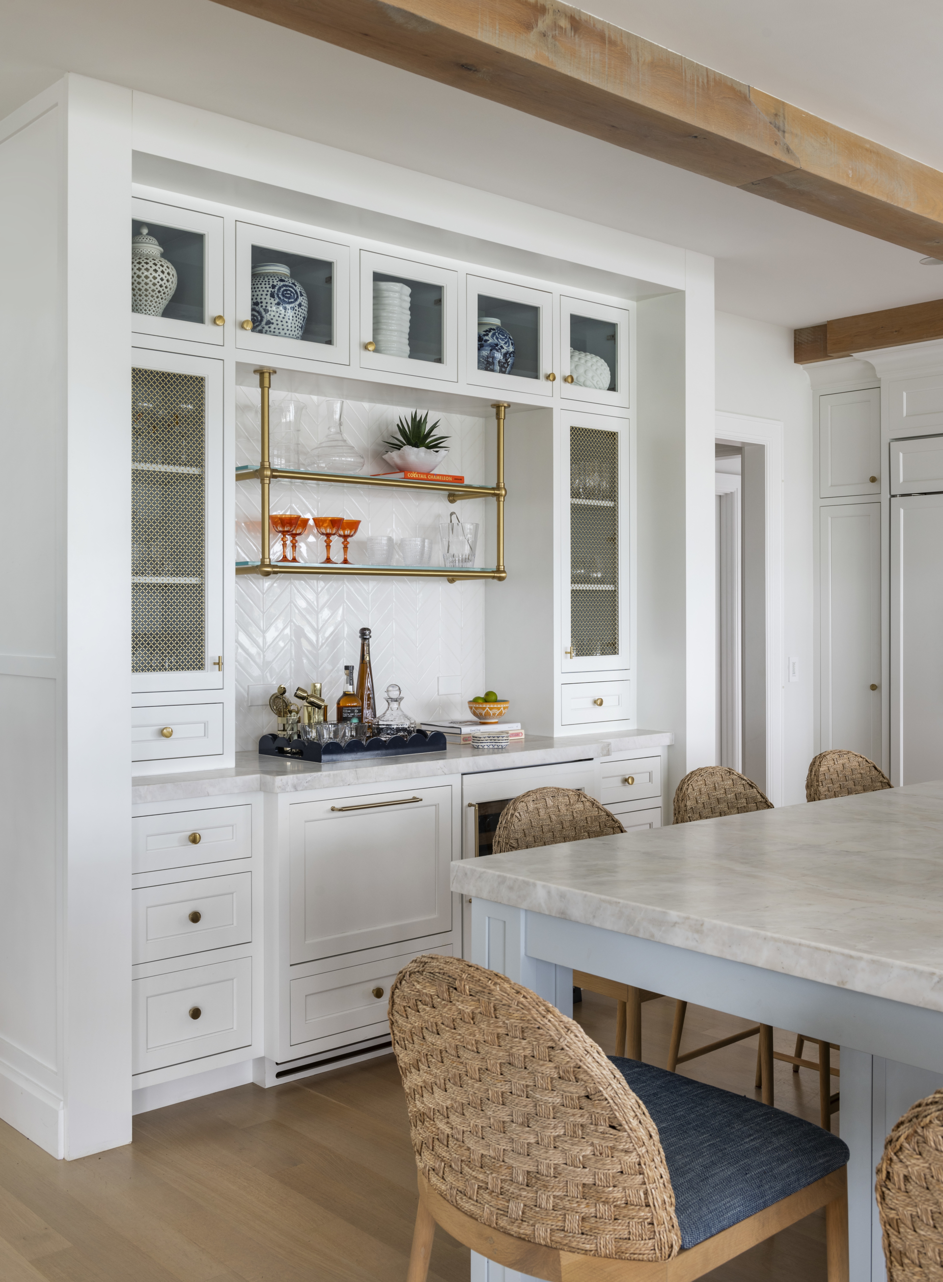 Built-in kitchen cabinet storage and bar