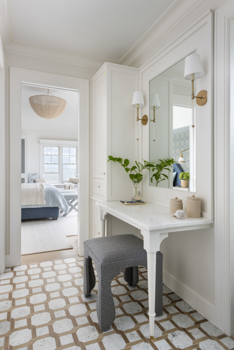 Makeup Vanity with sconce lighting and custom cabinetry.