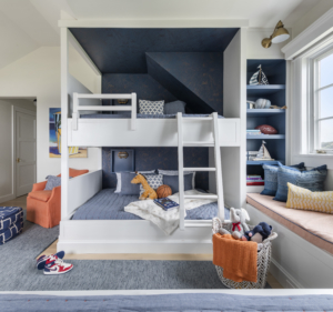 Kid's bunk beds and window seat.