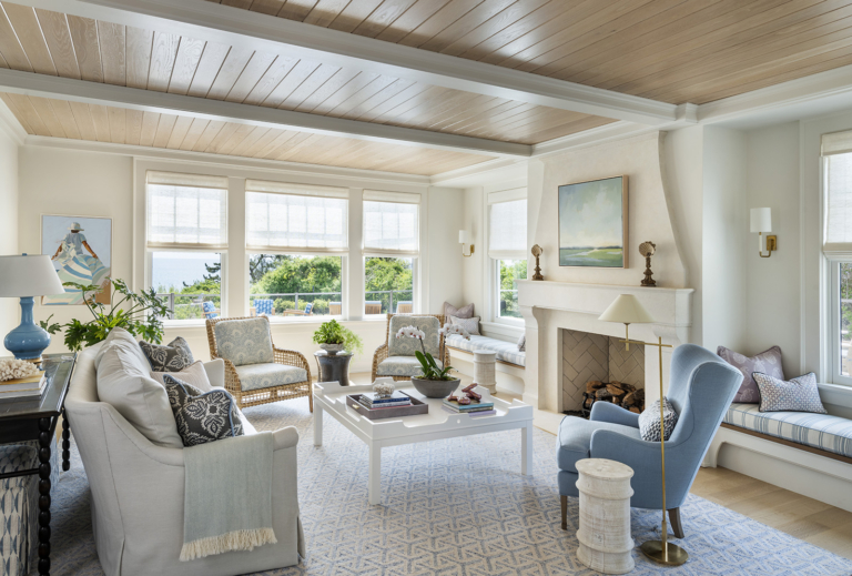 A modern coastal blue and white living room designed by Rhode Island interior designer Taste Design Inc.
