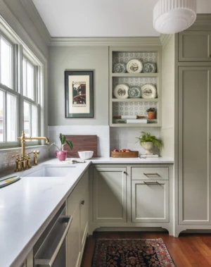 Kitchen scullery with soft green custom cabinetry and brass accents and open shelving