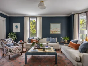 Eclectic Newport living room with blue walls and vintage rug