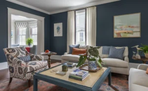 Living room designed by Taste with blue walls and vintage rug and large raffia coffee table