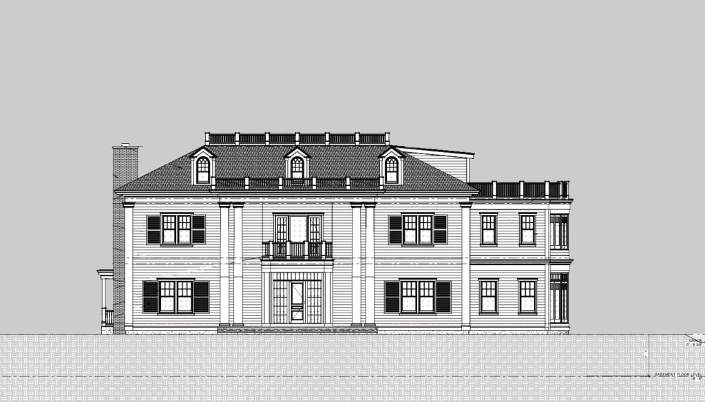 Elevation drawing of a Newport RI residence with interior design by Taste