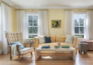 A yellow living room in a summer cottage