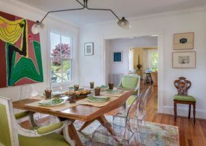 A dining room with modern art