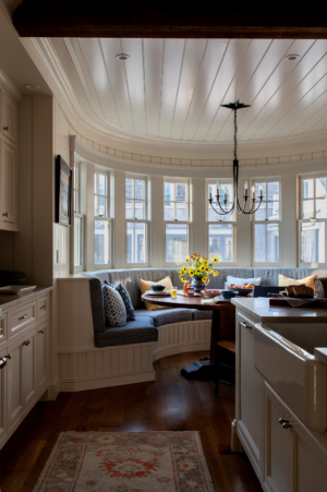 A breakfast nook in a coastal kitchen with a circular banquette and blue cushions.