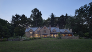 Back of a stone home originally designed by Irvine and Durham
