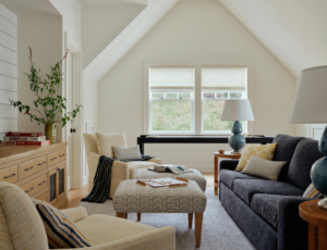 A transitional-style game room in a family home.