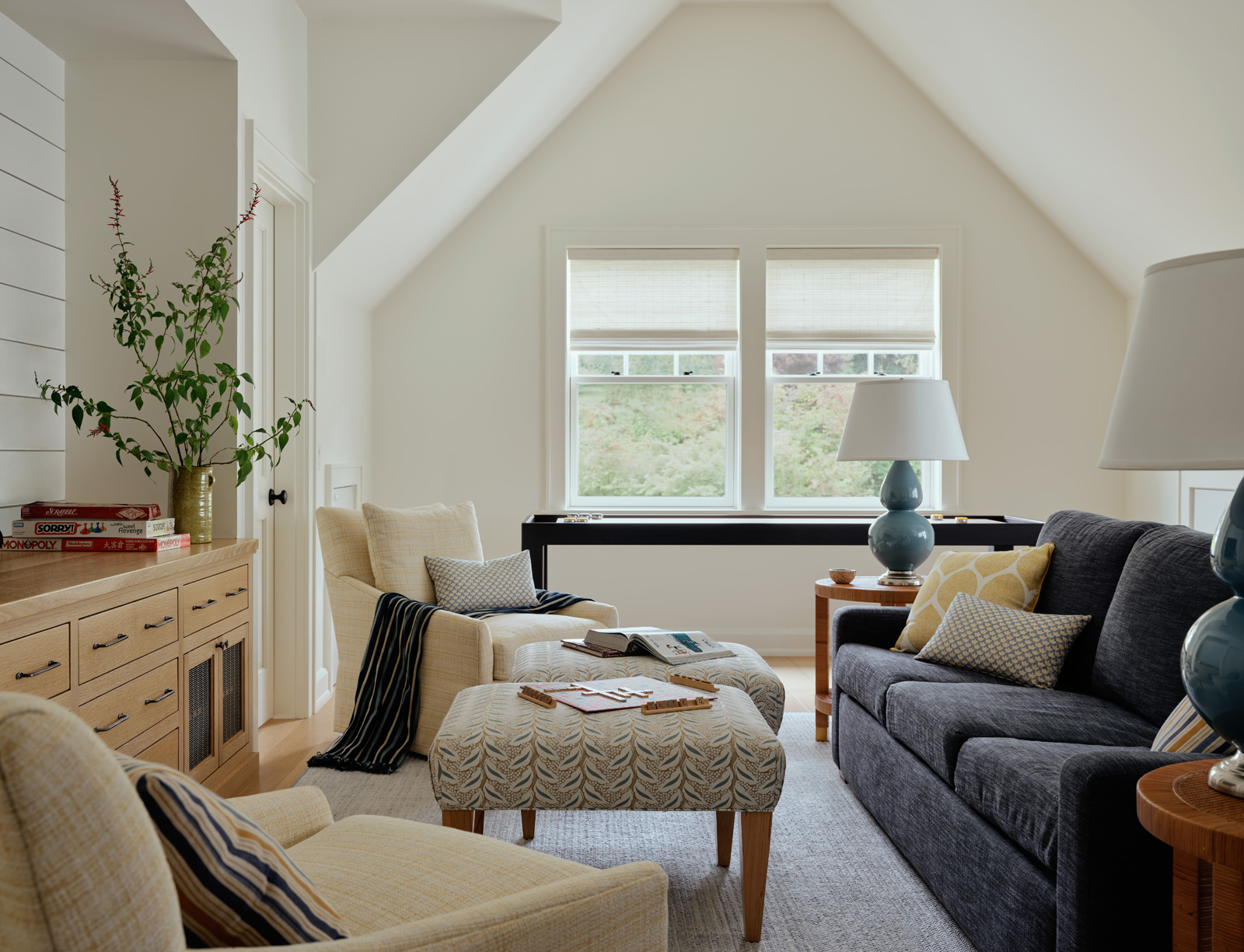 A transitional-style game room in a family home.