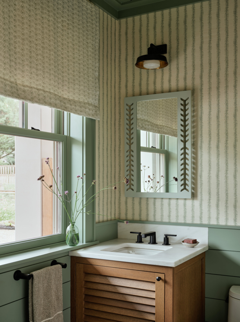 A green powder room with an oak vanity.