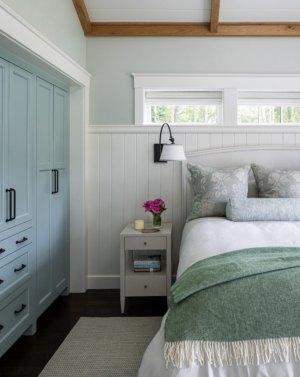 A guest bedroom in a modern farmhouse cottage