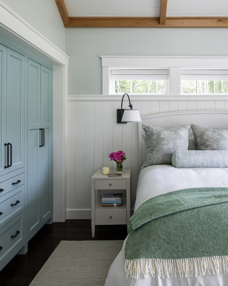 A guest bedroom in a modern farmhouse cottage