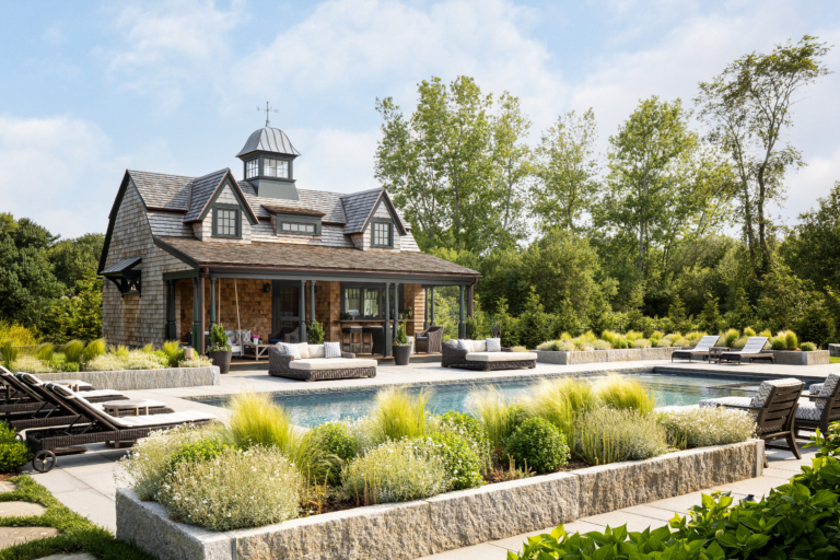 Landscaping around a pool and poolhouse in Rhode Island by Taste Design
